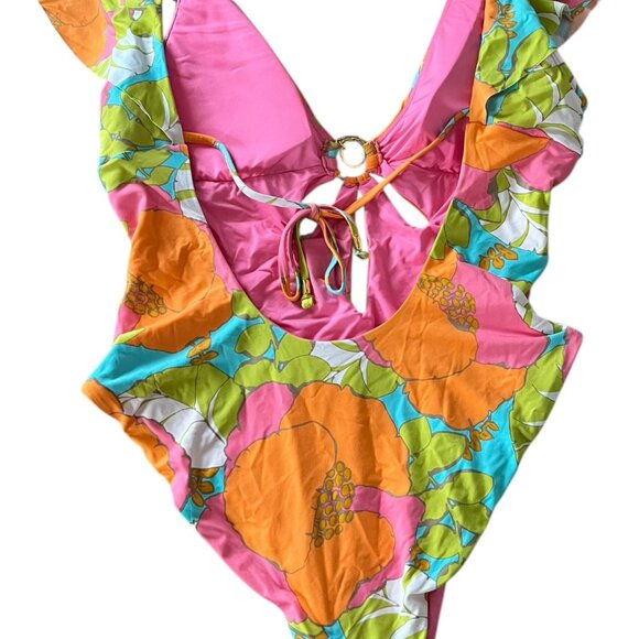 TRINA TURK Playa De Flor Plunge Maillot One-Piece Swimsuit Size 10 Floral Cutout - Picture 5 of 9